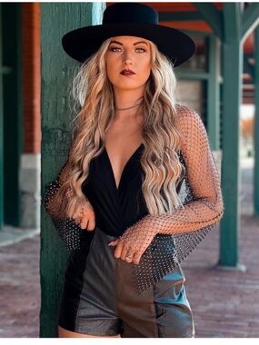 Envme Sheer “Chain” Rhinestone Long Sleeve Festival Plunge Bodysuit